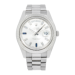 Rolex Day-Date II – White Gold Silver Dial with Blue Sapphire & Baguette Markers Ref. 218239
