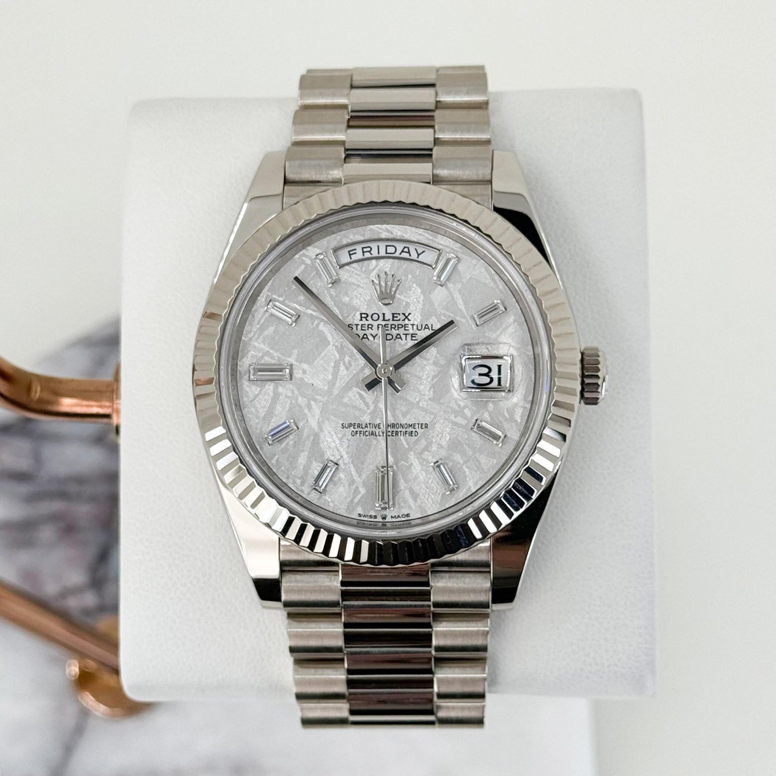 unnamed_6fd7753f-8b46-4855-b200-768dfed84dce-scaled-1.jpg Rolex White Gold Day-Date 40 Watch - Fluted Bezel - Meteorite Baguette Diamond Dial - President Bracelet - 228239 mtdp - Image 1
